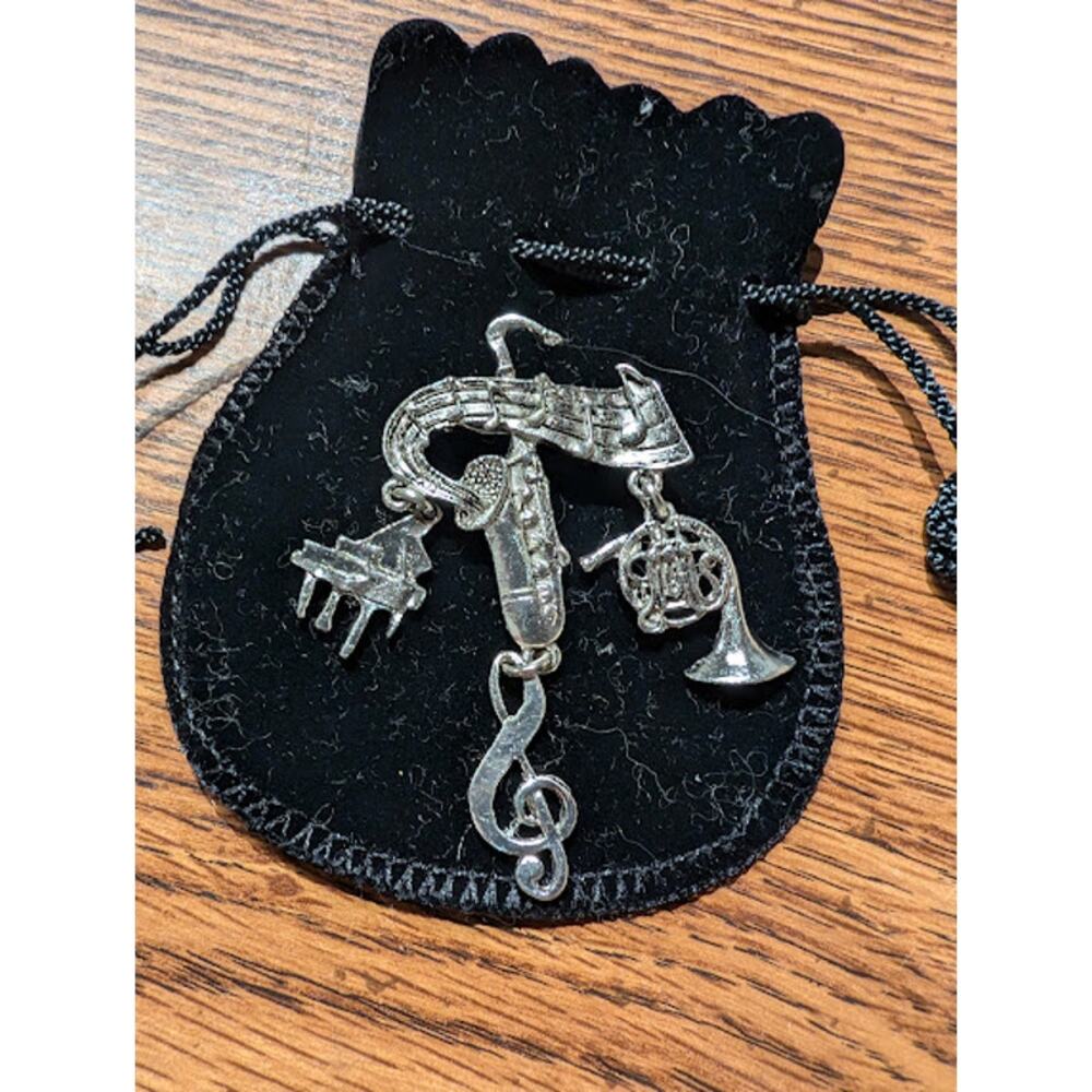 Vintage Silver Tone Dangling Musical Instruments Brooch Pin 2.5 inches long